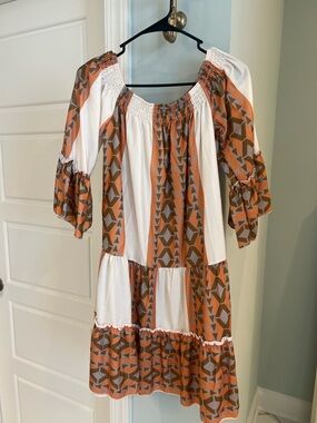 Boho Tiered Peasant Dress in Rust & White